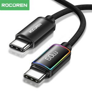Rocoren 60W Type-C to Type-C RGB Aydınlatmalı Örgülü Şarj ve Data Kablosu 1 Metre