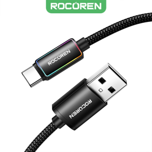 Rocoren Type-C to USB-A RGB Aydınlatmalı 3A Hızlı Şarj ve Data Kablosu 3 Metre
